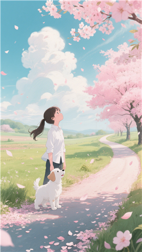 樱花树下女孩与狗治愈系动漫图片